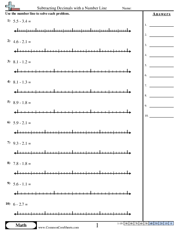 Subtracting Decimals with a Number Line worksheet
